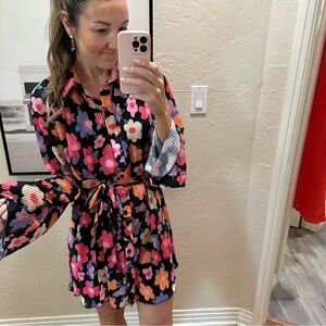 Black Floral Tie-Waist Mini Dress with Pink & Orange Blooms